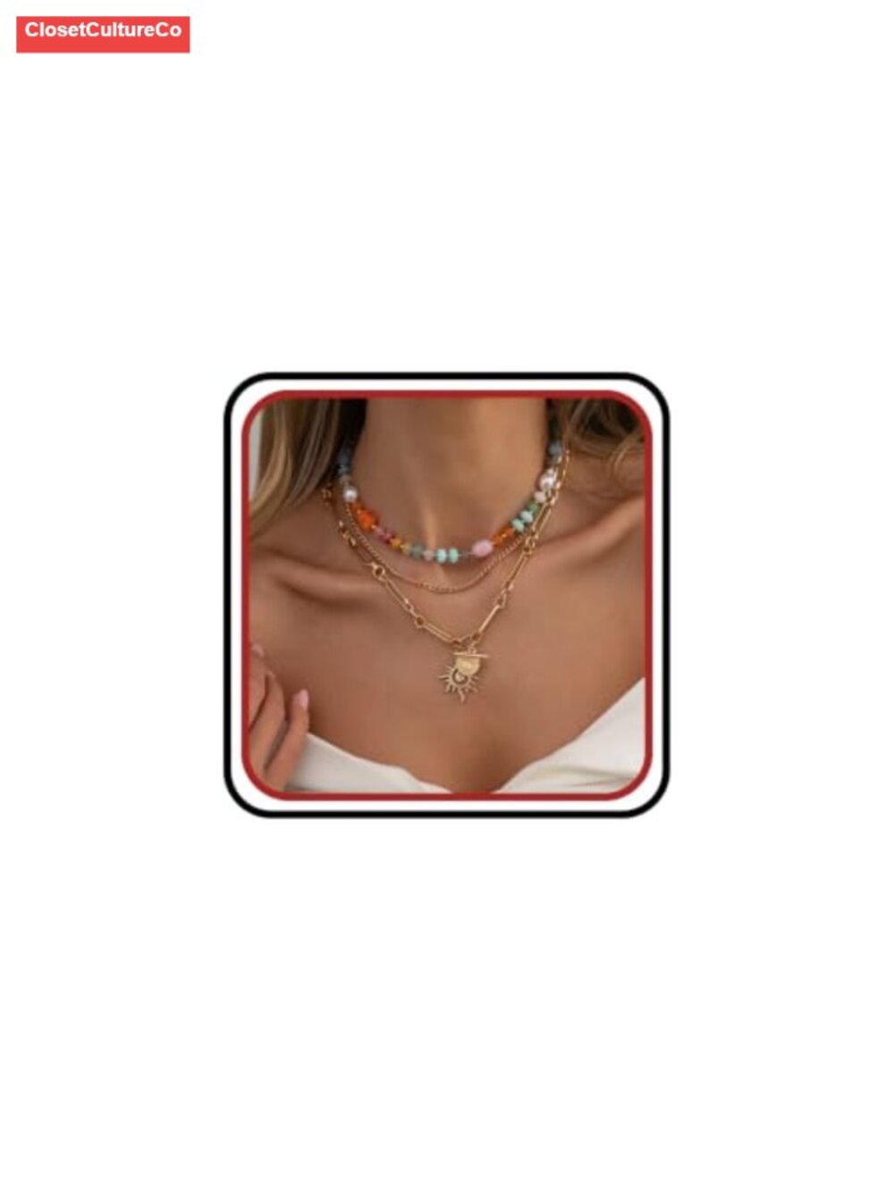 Layered Beaded Necklace Set Gold Tone Sun T Bar Charm
